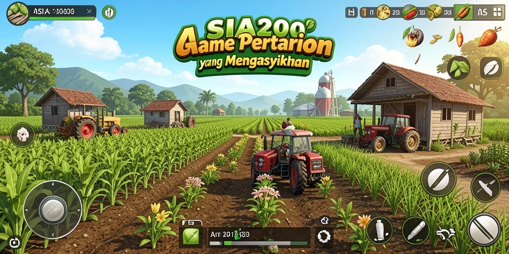 Tampilan gameplay ASIA200 dengan ladang subur dan hewan ternak.