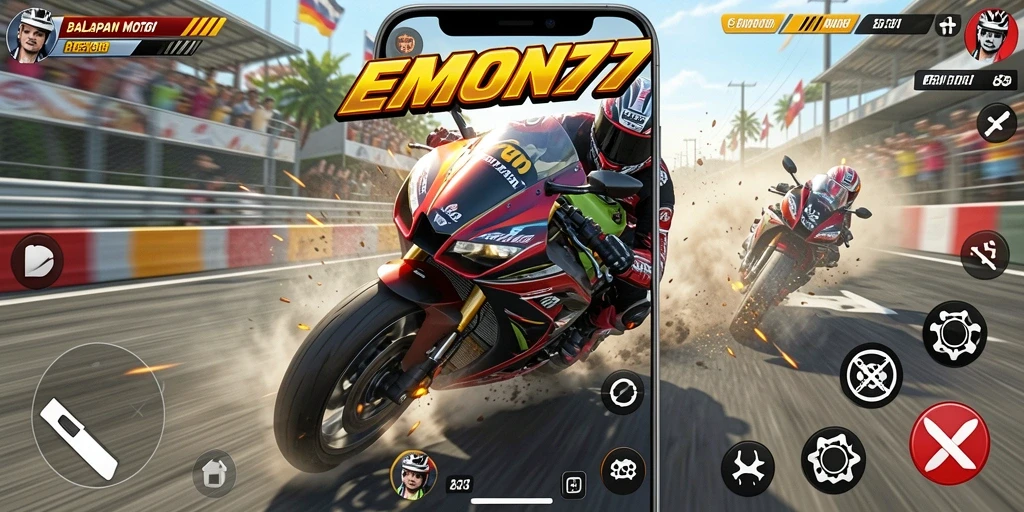 Screenshot gameplay EMON77 menampilkan aksi balap motor yang seru.