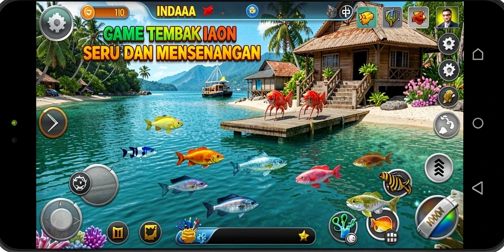 Tampilan gameplay INDAAA yang seru saat menembak ikan.