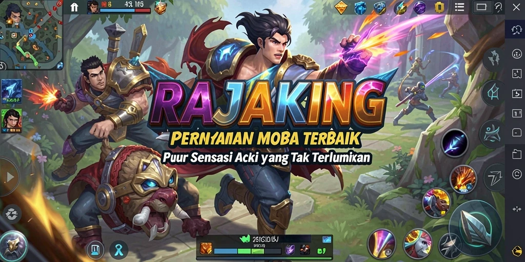 Tampilan permainan MOBA RAJAKING dengan aksi seru di medan perang.