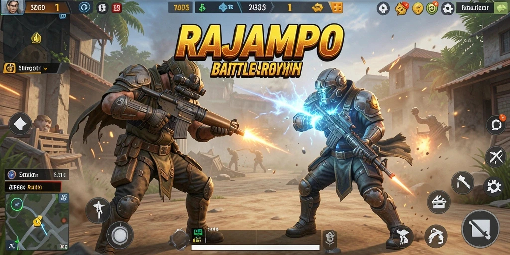 Screenshot RAJAMPO menampilkan aksi intense dalam pertarungan Battle Royale.